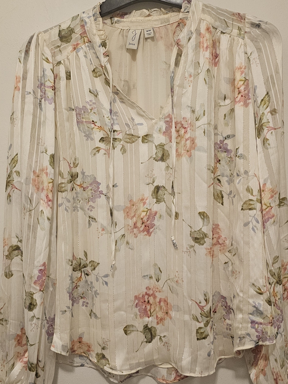 Joie Sheer Cream Floral Ruffle-Tie Blouse